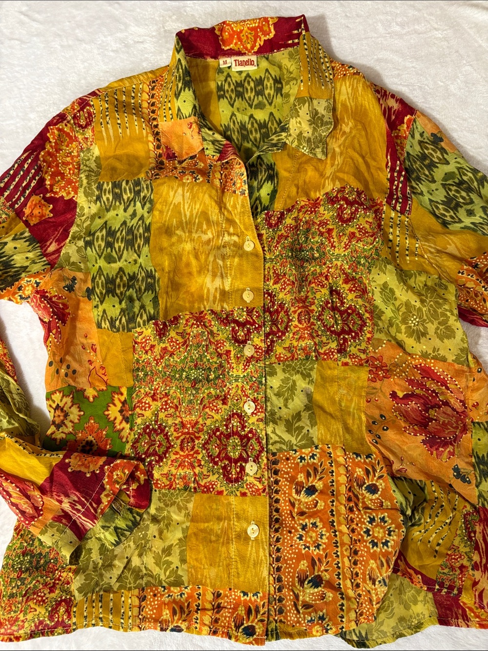 Vintage Tianello Multi Fall Color Patchwork Button-Up Shirt Boho Hippie M